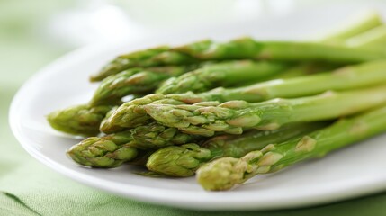 Fresh green asparagus lying on white plate