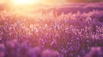 Naklejka premium Sunset illuminates a field of purple lavender flowers.