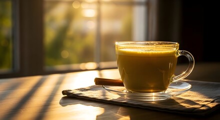 Warm Golden Milk Turmeric Latte, an Adaptogenic Drink in Morning Sunlight
