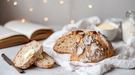 Naklejka premium Freshly baked loaf of crusty bread with butter and open book creating cozy atmosphere