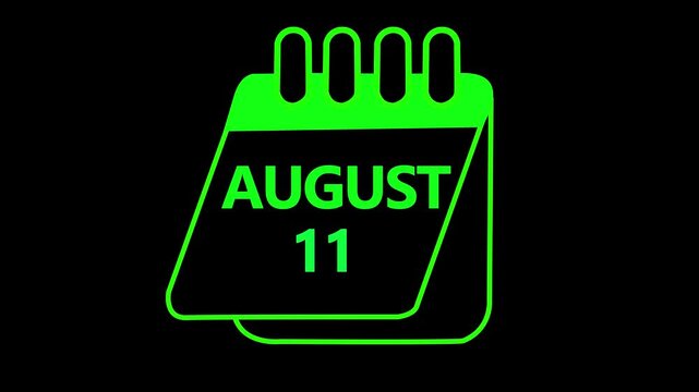 11 august month calendar icon with symbol. Simple calendar icon animation and date change of time month. August 11 Calendar icon Sign on black background. Calendar Pendulum Animation August 11