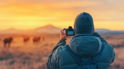 Fototapeta premium Wildlife photographer taking pictures of animals in the savannah during a stunning sunrise, creating breathtaking images of nature's beauty