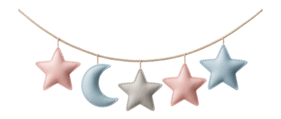 Fabric garland with felt stars and moons, ideal for decorating a nursery room.