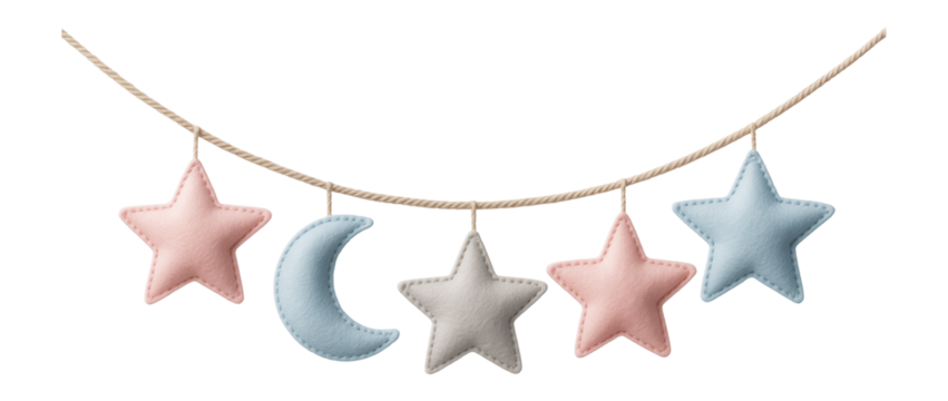 Fabric garland with felt stars and moons, ideal for decorating a nursery room.