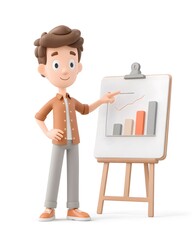 3D cartoon project manager pointing at progress chart, isolated white background