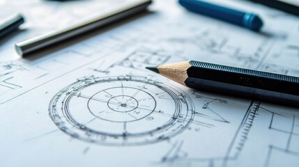 Close-up of pencil on technical drawing.