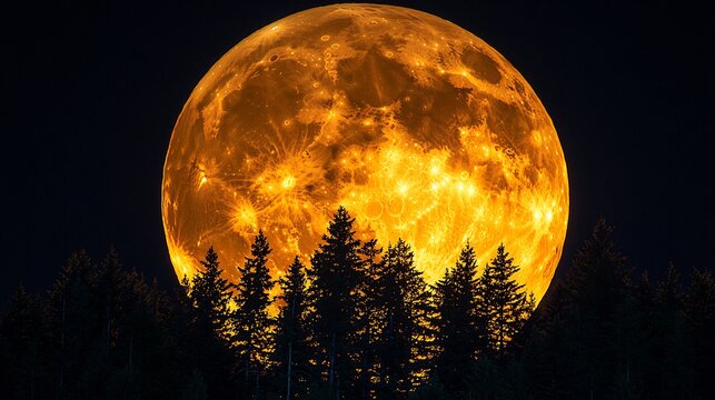 Full moon rising inside dense forest captured composite photography long exposure technique HDR twilight lighting forest tree sharply lit using subtle light painting ultra realistic shadow compressed