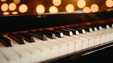 Polished grand piano keyboard reflecting warm ambient lights, creating a sophisticated and timeless atmosphere for classical music