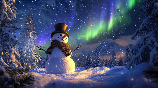 Snowman under Aurora Borealis starry winter night image