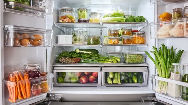 Open refrigerator full of fresh healthy food storing in glass containers