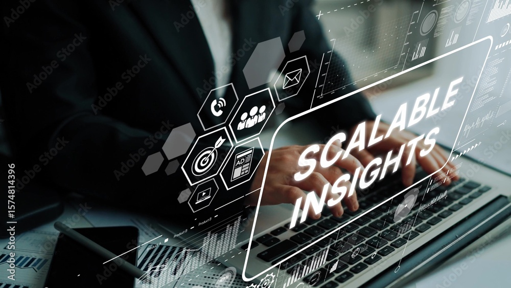 Poster business professional analyzing data insights with digital interface and analytics tools for scalabl