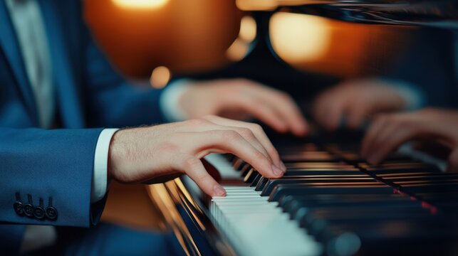 Pianist's hands playing a grand piano, reflected on the polished surface, creating an artistic composition with warm ambient lighting