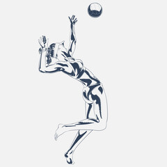 Female beach volleyball player jumping for a spike in sketch style, dynamic sports vector illustration