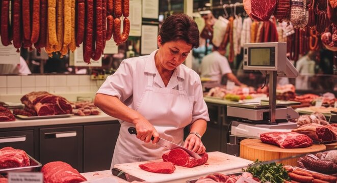 A butcher cutting meat at a butcher shop with sausages hanging in the background and meat on display
