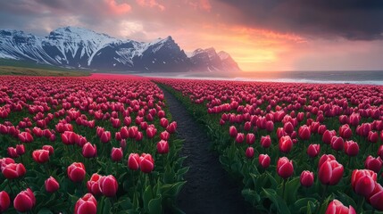 Pink tulip field sunset, coastal mountains