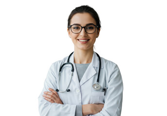 Fototapeta premium Smiling female doctor wearing glasses and stethoscope isolated on white background