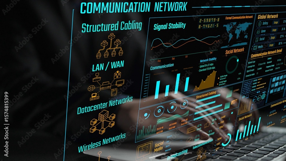 Poster data center monitoring dashboard visualize network performance, connection status, usage rate, and t