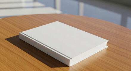 Blank white book lying on a wooden table in soft natural light, perfect for showcasing custom cover designs or literary concepts