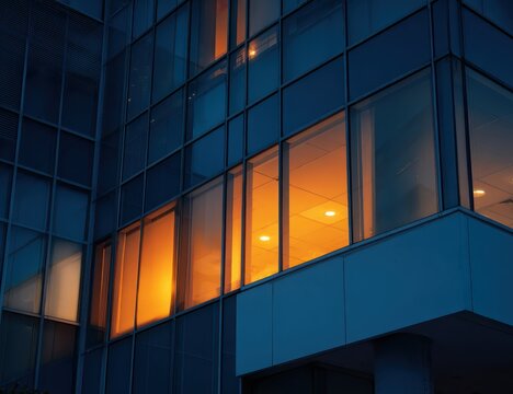 Corner of modern office building with lit windows at dusk, urban business setting