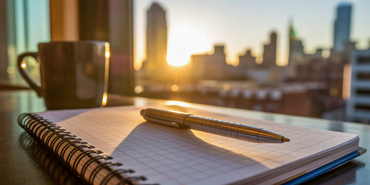 Pen and notebook with cityscape sunrise view and coffee cup