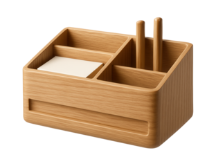 Wooden stationery box with divided sections for organizing notepads, sticky notes, and writing instruments on a living room side table.