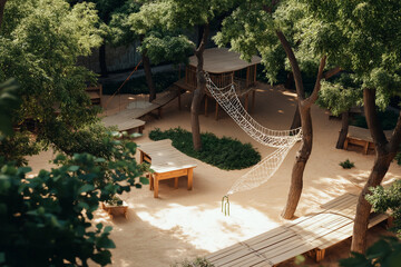 Natural play area features wooden structures and climbing net among trees and sandy ground