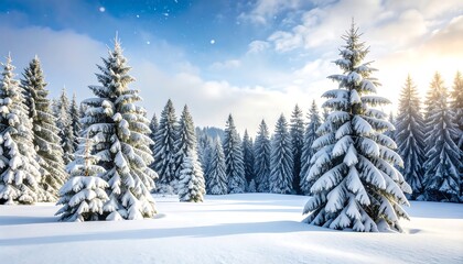 Naklejka premium Peaceful snowy forest background with tall pine trees covered in thick snow, soft falling snowflakes, muted blue-gray sky, and gentle morning light — photorealistic, tranquil winter mood.
