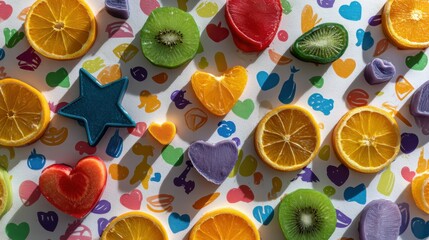 Colorful fruit slices and soaps arranged on a vibrant surface, creating a playful and refreshing scene