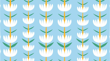 Obraz premium Seamless pattern of stylized white flowers with green leaves on a light blue background repeat design
