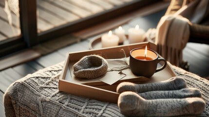 Cozy Afternoon Still Life with Candles, Socks and Warm Tones, creating a relaxing, inviting, and comforting atmosphere near the window.