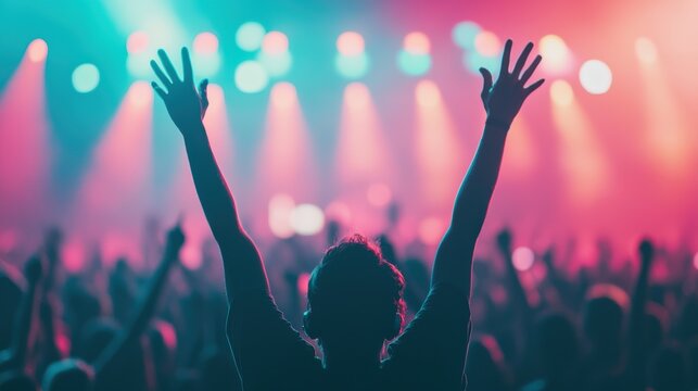 Fan raising hands, immersed in vibrant music and colorful lights at an electronic dance music festival, creating a dynamic and energetic atmosphere - Powered by Adobe