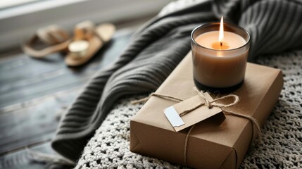 Serene Composition Featuring a Lit Candle Resting on a Gift Box Adorned with String and a Tag Near a Window.