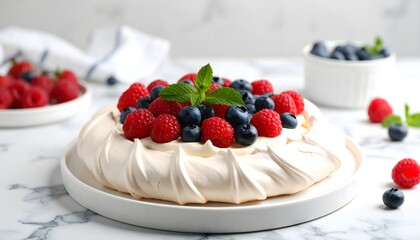 Classic Pavlova Cake with Whipped Cream, Fresh Berries and Mint Garnish on Marble Table
