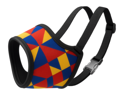 A colorful, patterned muzzle to add a playful touch during family gatherings at home.