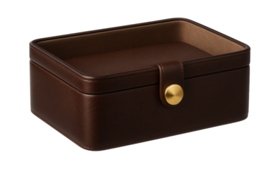Leather-covered closed tray with a button clasp, perfect for organizing remote controls and chargers in the living room.