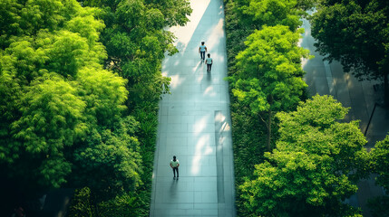 People walking on a pathway surrounded by lush greenery in an urban park during daytime