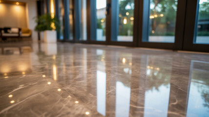 Modern lobby interior with reflective marble floor and large glass doors