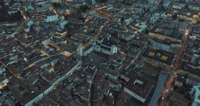 Aerial view of Trento, Dolomites, and Trentino at night, Italy.