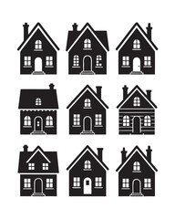 Fototapeta premium Charming Silhouette House Collection A Variety of Simple Black and White Home Designs for Creative Projects and Decorative Elements
