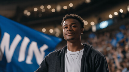 Fototapeta premium Young Speaker Celebrating Victory with Banner in Sports Arena