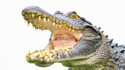 Obraz premium An alligator with its mouth wide open, showcasing its sharp teeth. The image provides a close-up perspective of the animal's features
