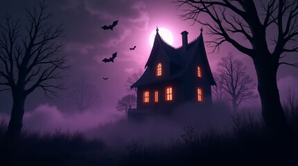 Spooky halloween haunted house with bats flying in purple night sky background illustration image design