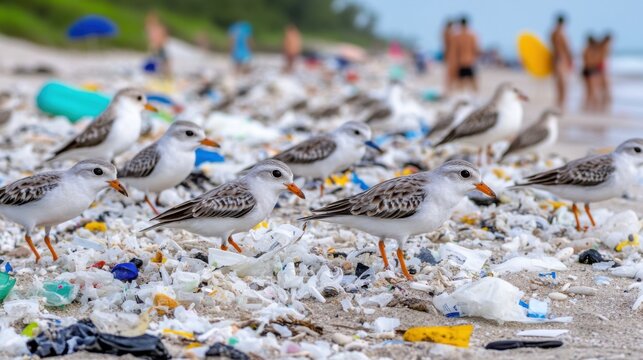 Birds stand among the remnants of trash, highlighting the impact of pollution on our planet. This poignant image underscores the urgent need for environmental conservation.