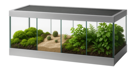 Large communal terrarium with separate sections, designed for a school or community center.