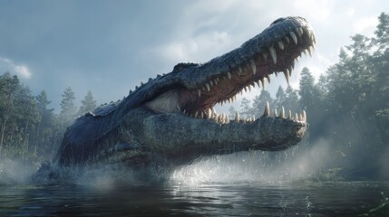 A ferocious crocodile emerges from the water, ready to attack. This image is captured in a jungle setting.