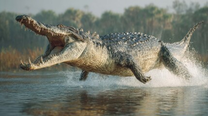 A crocodile emerging from water with open mouth