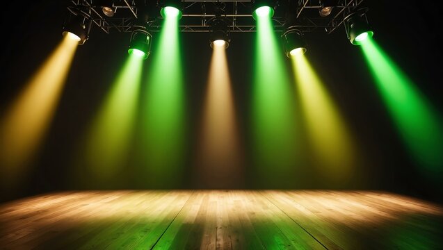 Combination of gold and green stage lights with vibrant effect focusing at the center of the empty stage background