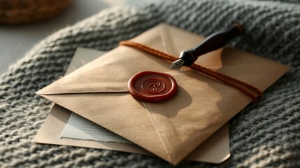 Elegant envelope sealed with wax rests gently on a soft grey knitted blanket, complemented by a vintage fountain pen near it.