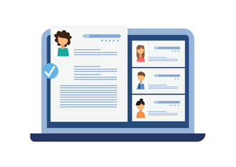 Choosing best candidate for job. Hr searching new employee. Recruitment process. Profiles of different people on computer screen. Cv resume