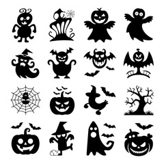 Fototapeta premium Vector art of a collection of sixteen black and white halloween icons featuring pumpkins, ghosts, bats, witches, and a spooky tree